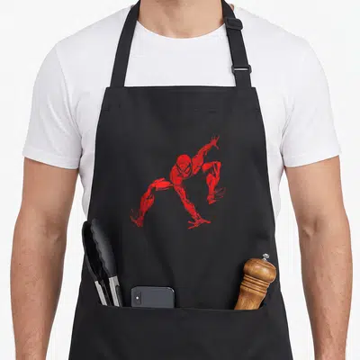 Tablier de cuisine noir avec une illustration rouge stylisée de Spider-Man en pleine action sur le devant.