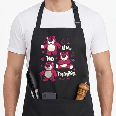 Tablier de cuisine noir avec trois ours roses Lotso et les textes Um No Thanks.