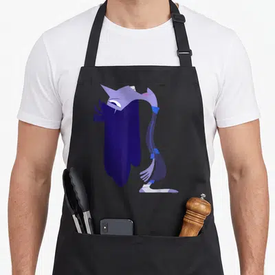 Tablier de cuisine noir avec une illustration d'Ennui Big Profile Costume aux teintes violettes et bleues.