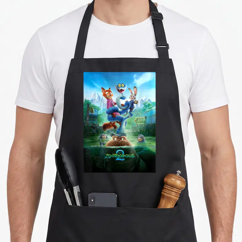 Tablier de cuisine noir avec l'affiche de Zootropolis 2 montrant des personnages animaux dans un décor aquatique et urbain.
