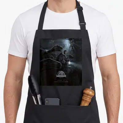 Tablier de cuisine noir avec illustration d'un homme sur moto entouré de raptors dans une ambiancecinématographique sombre.