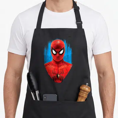 Tablier de cuisine noir avec le buste de Spider-Man en costume rouge et bleu sur fond de ville bleue.
