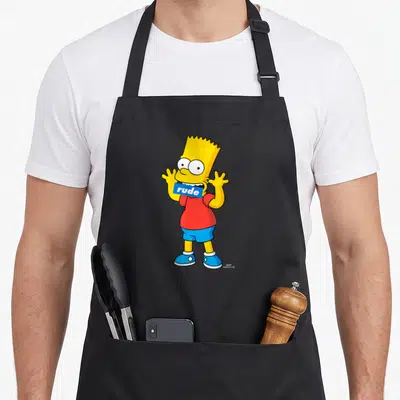 Tablier de cuisine noir avec Bart Simpson jaune tenant une étiquette bleue portant l'inscription rude.