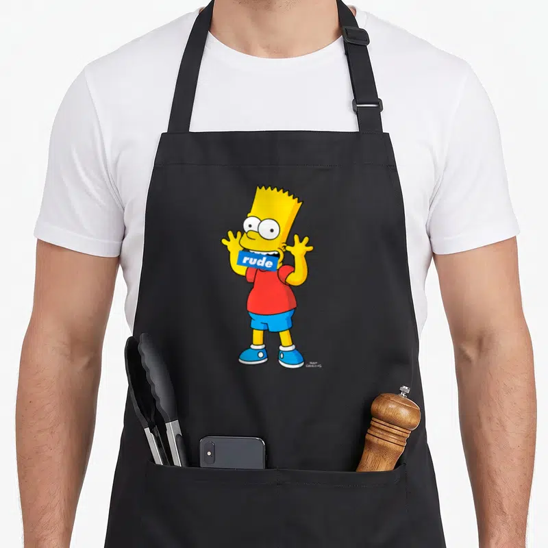 Tablier de cuisine noir avec Bart Simpson jaune tenant une étiquette bleue portant l'inscription rude.