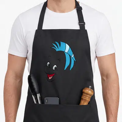 Tablier de cuisine noir avec le visage souriant et expressif du poisson Flounder aux rayures bleues