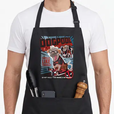 Tablier de cuisine noir avec illustration colorée d'un pug en tenue de super-héros et texte Dogpool Smells Like Trouble Do Not Insult This Animal's Autonomy