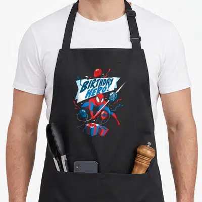 Tablier de cuisine noir avec Spider-ManBirthday Heroballons et cadeaux colorés