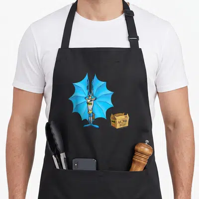 Tablier de cuisine noir avec Wile E. Coyote en costume Batman et une boîte ACME BATSUIT à côté.