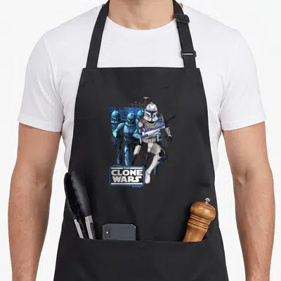 Tablier de cuisine noir avec le capitaine Rex et des soldats clones du film d'animation Star Wars.