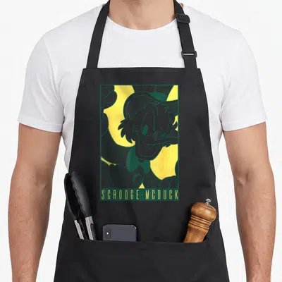 Tablier de cuisine noir avec portrait Scrooge McDuck style comic book jaune et vert