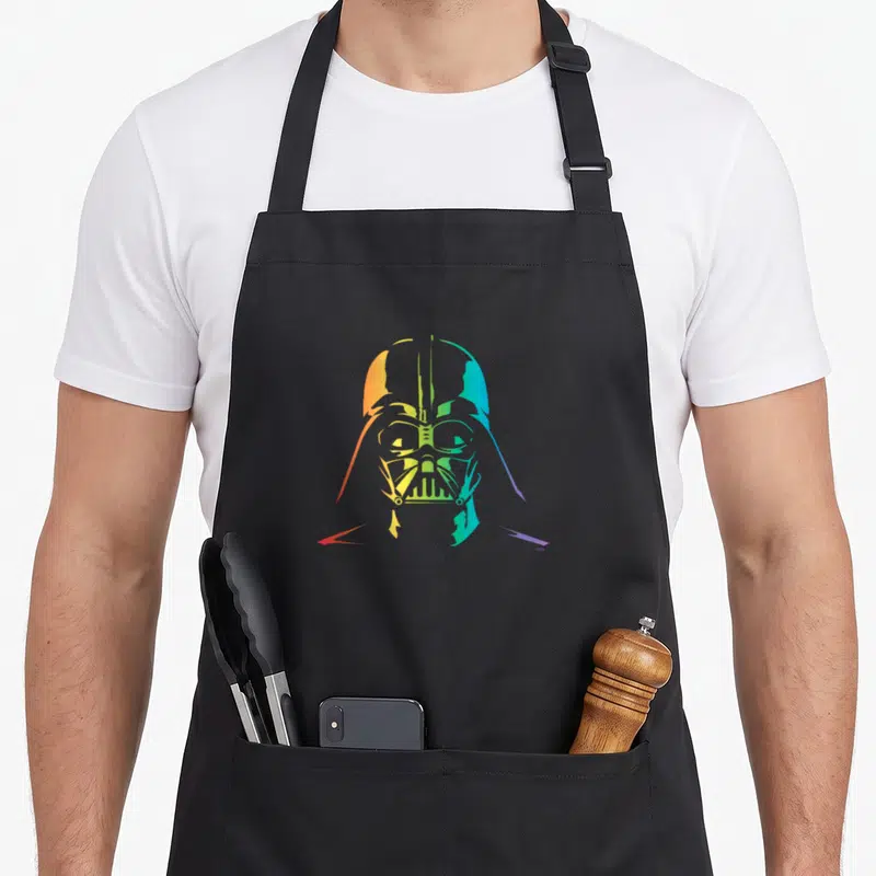 Tablier de cuisine noir avec illustration Darth Vader aux couleurs de l'arc-en-ciel