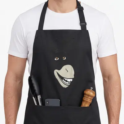 Tablier de cuisine noir avec illustration du visage souriant et expressif de Donkey aux grands yeux marron.