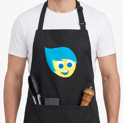 Tablier de cuisine noir avec le visage souriant de Joy Yellow aux cheveux bleus et au teint jaune vif.