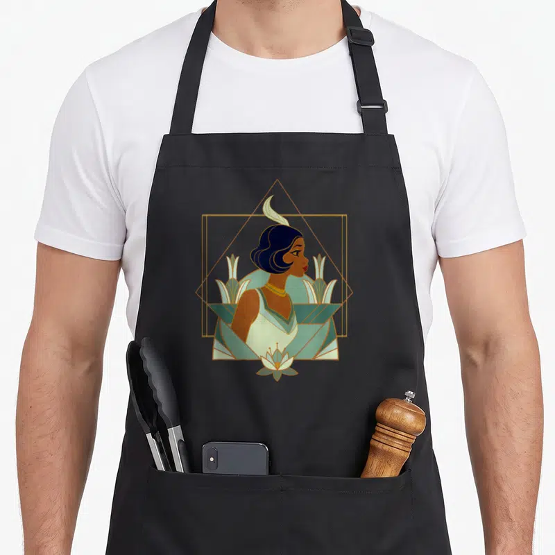 Tablier de cuisine noir avec portrait de Princesse Tiana en style Art Déco turquoise et or.