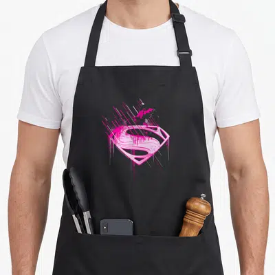 Tablier de cuisine noir avec un logo Superman stylisé en rose vif et blanc, effet éclaboussure et silhouette de super-héros.