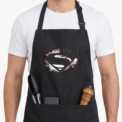 Tablier de cuisine noir avec le logo Superman Man of Steel Shield Fracture en gris et blanc cassé.