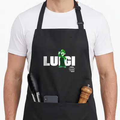 Tablier de cuisine noir avec Luigi Super Mario Bros Movie et lettre L sur le bonnet