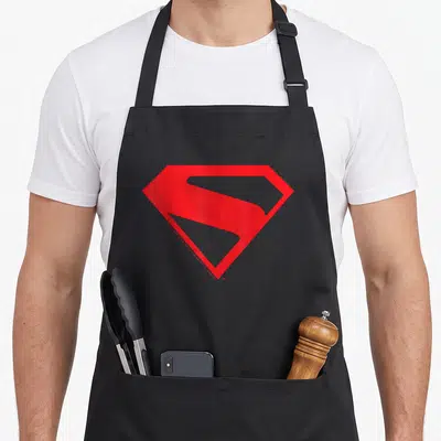 Tablier de cuisine noir orné du emblème rouge stylisé de Superman sur la partie poitrine.