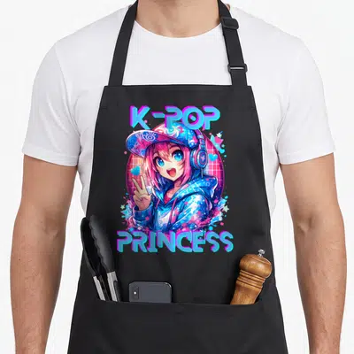 Tablier de cuisine noir avec illustration anime K-Pop Princess aux cheveux roses et casquette bleue.
