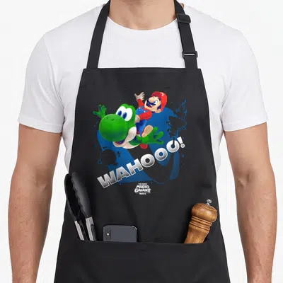 Tablier de cuisine noir avec Mario chevauchant Yoshi sur fond bleu et texte Wahoo.