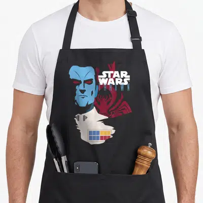 Tablier de cuisine noir avec portrait stylisé du Grand Admiral Thrawn et logo Star Wars en rouge et blanc.