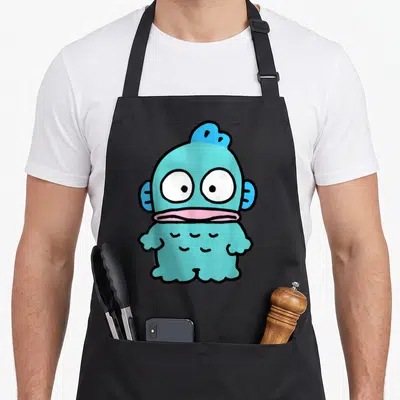 Tablier de cuisine noir avec illustration de Hangyodon, un petit monstre turquoise aux grands yeux blancs et à la bouche rose.