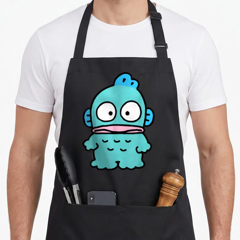 Tablier de cuisine noir avec illustration de Hangyodon, un petit monstre turquoise aux grands yeux blancs et à la bouche rose.