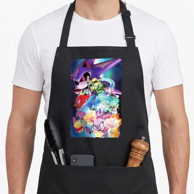 Tablier de cuisine noir avec illustration colorée de Sonic The Hedgehog Comic Cover Issue 10 montrant plusieurs personnages en pleine action.