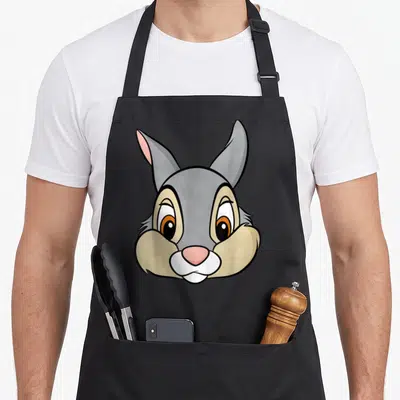 Tablier de cuisine noir avec le grand visage coloré de Thumper le lapin aux yeux orange et oreilles grises.