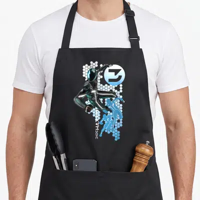 Tablier de cuisine noir avec illustration de Sam Flynn Disc Warrior TRON Legacy et motifs hexagonaux bleus.