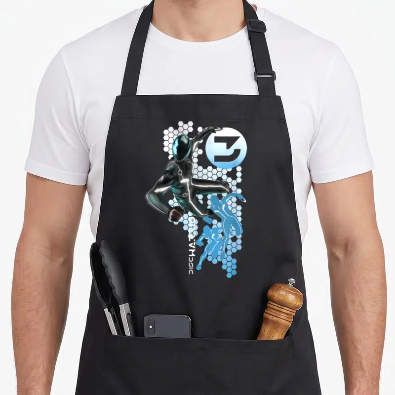 Tablier de cuisine noir avec illustration de Sam Flynn Disc Warrior TRON Legacy et motifs hexagonaux bleus.