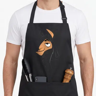Tablier de cuisine noir avec le portrait stylisé de Kuzco en lama affichant un air narquois.