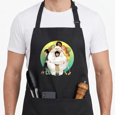 Tablier de cuisine noir avec Baymax et l'équipe de Big Hero 6 en groupe.