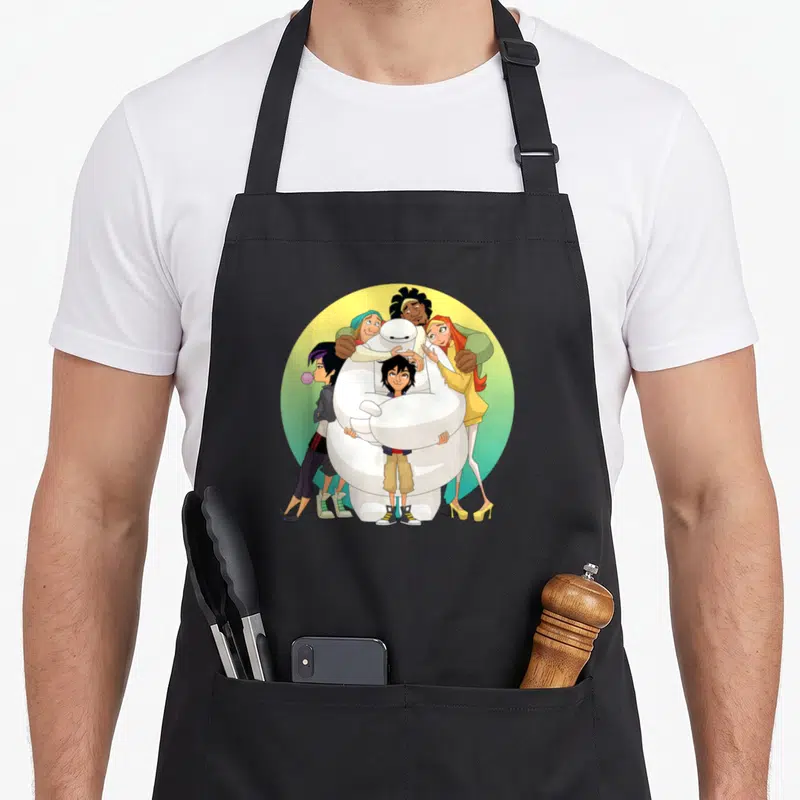 Tablier de cuisine noir avec Baymax et l'équipe de Big Hero 6 en groupe.