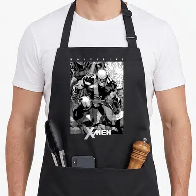 Tablier de cuisine noir avec une illustration monochrome de Wolverine et le logo X-Men en bas.