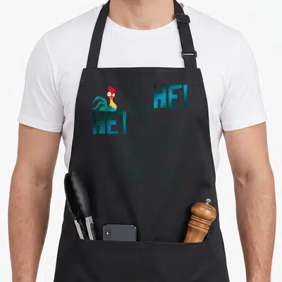 Tablier de cuisine noir avec dessin au trait de Hei Hei et texte HEI HEI en bleu turquoise.