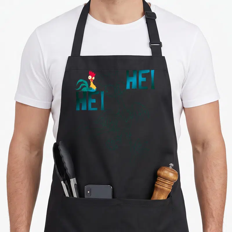 Tablier de cuisine noir avec dessin au trait de Hei Hei et texte HEI HEI en bleu turquoise.