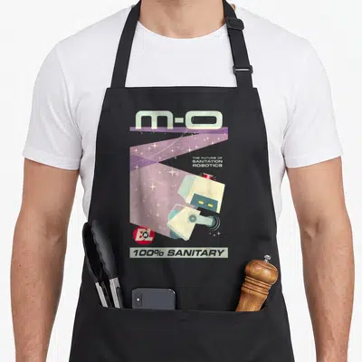 Tablier de cuisine noir avec illustration rétro du robot M-O et texte The Future Of Sanitation Robotics sur fond violet étoilé.