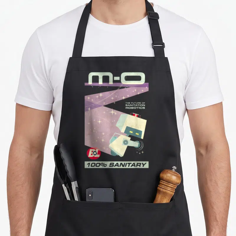 Tablier de cuisine noir avec illustration rétro du robot M-O et texte The Future Of Sanitation Robotics sur fond violet étoilé.
