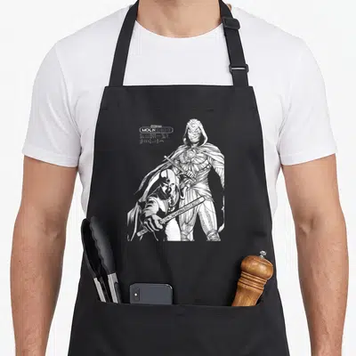 Tablier de cuisine noir avec illustration blanche du duo Moon Knight et logo Marvel Moon Knight