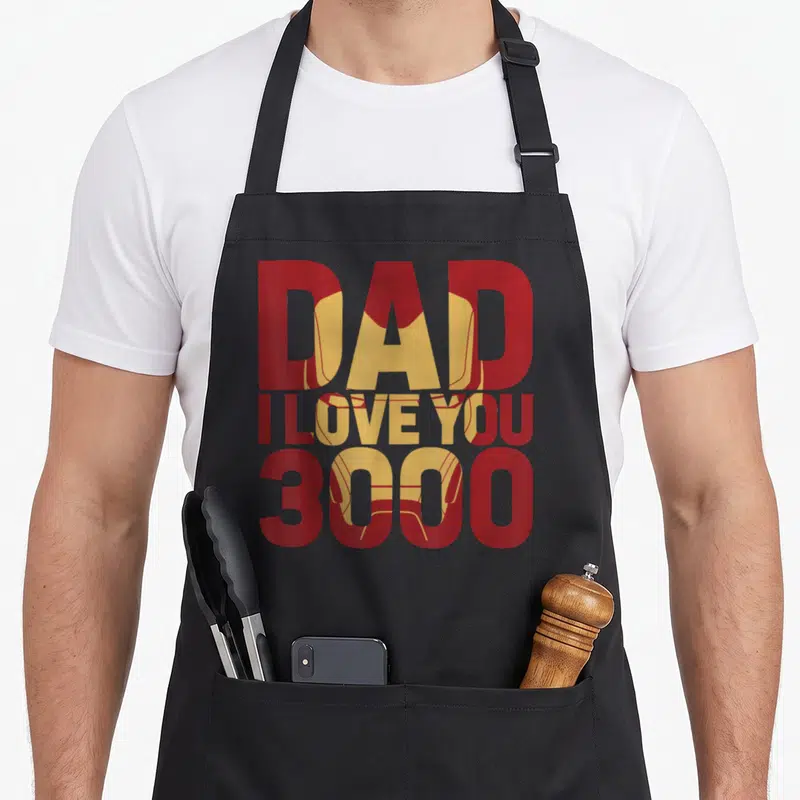 Tablier de cuisine noir avec texte Dad I Love You 3000 en rouge et or stylisé Iron Man.