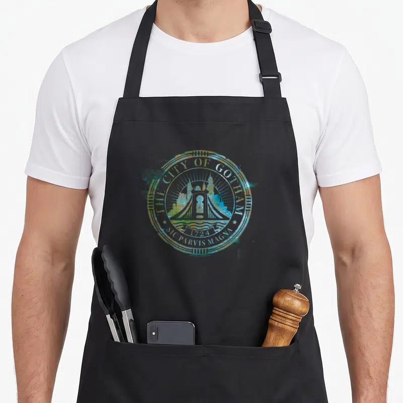 Tablier de cuisine noir avec motif circulaire stylisé représentant un pont et des textes en bleu et vert sur fond sombre.