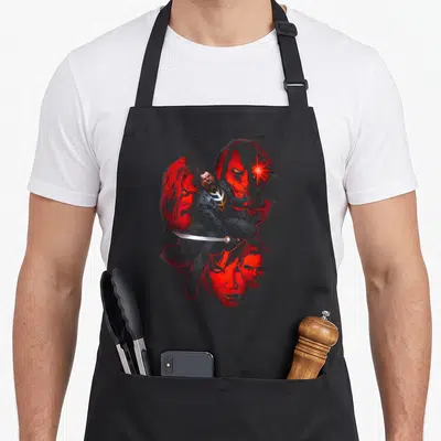 Tablier de cuisine noir avec illustration rouge et noire de Blade tenant une épée entouré de visages.