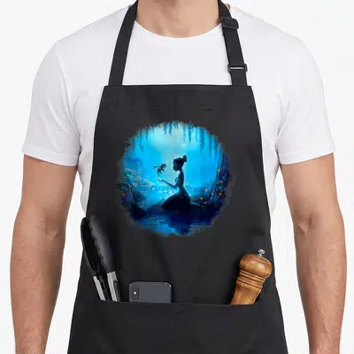 Tablier de cuisine noir avec une illustration circulaire bleue montrant une princesse et un petit amphibien au bord d'un lac nocturne.