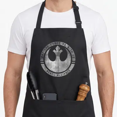Tablier de cuisine noir avec le logo circulaire de la Rébellion Alliance en gris clair texturé.