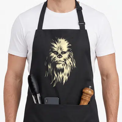 Tablier de cuisine noir avec portrait stylisé de Chewbacca en beige et traits fins détaillés.