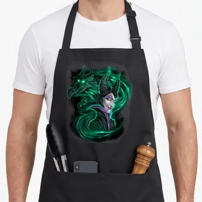 Tablier de cuisine noir avec illustration Maleficent et dragon aux éclairs verts lumineux.