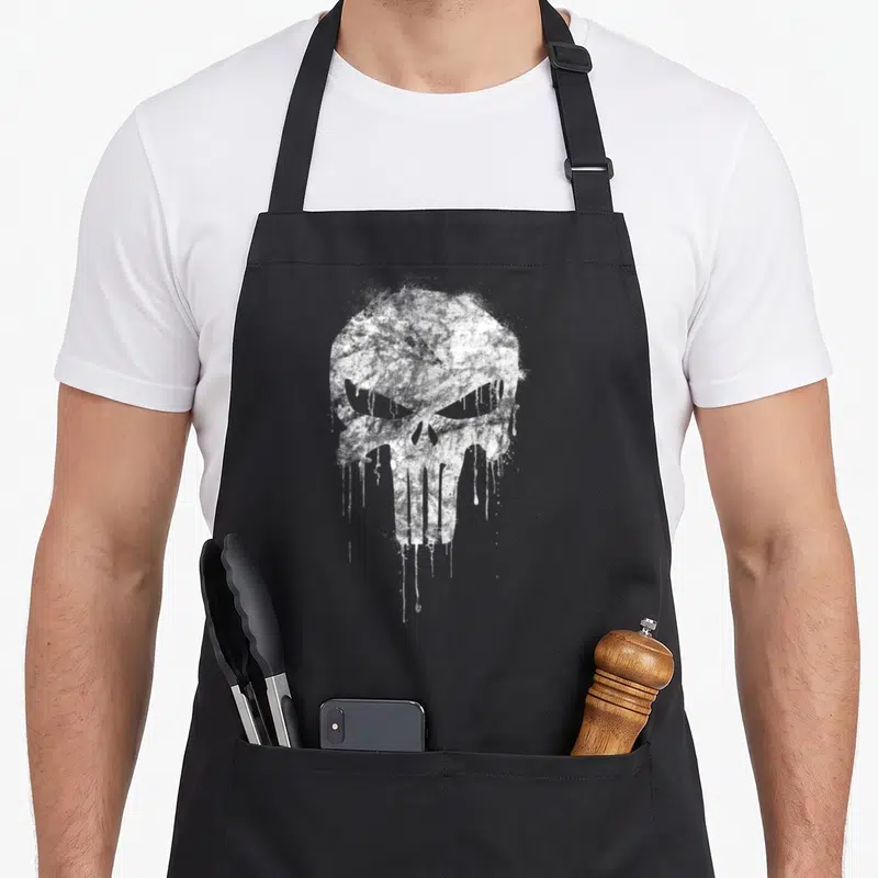 Tablier de cuisine noir avec le crâne blanc du Punisher et des gouttes de peinture qui dégoulinent en bas.