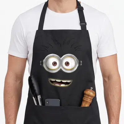 Tablier de cuisine noir avec le visage de Tom Big Face, lunettes et sourire large imprimé au centre.