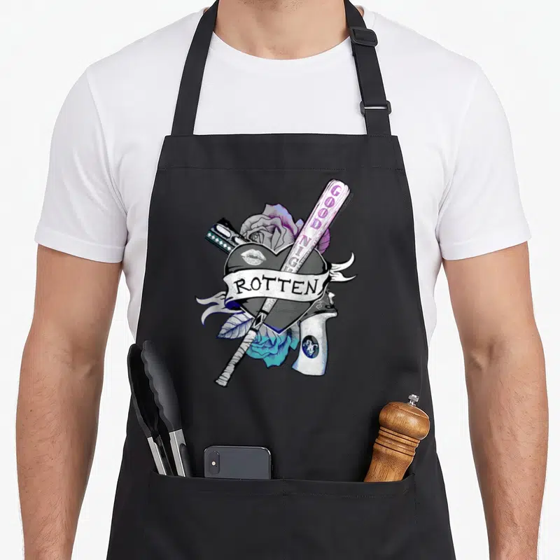 Tablier de cuisine noir avec illustration Harley Quinn Rotten Goodnight cœur et batte.